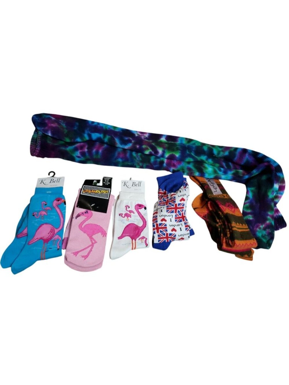 Assorted 6 Pc Lot Women's Novelty Hosiery Flamingos Union Jack Tye Dye